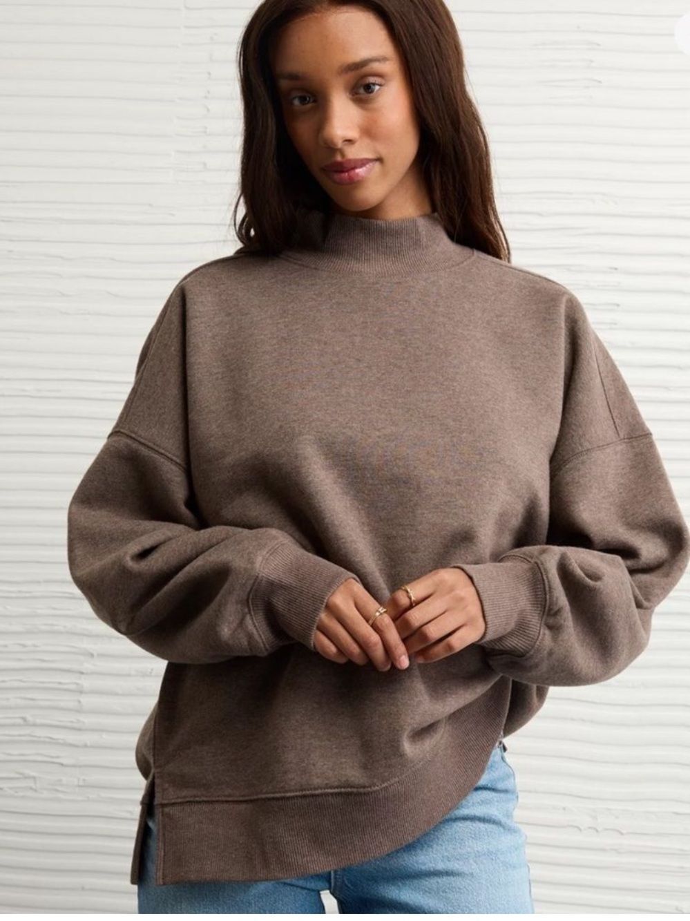 AE XS Chocolate Brown Luxe Mock Neck Cotton Blend Sweatshirt